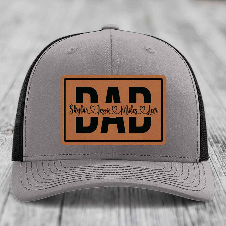 Dad Monogram (With Kids Names) - Leather Patch Hat - Rawhide to Black Patch - Richardson 112 Snapback Trucker Hat