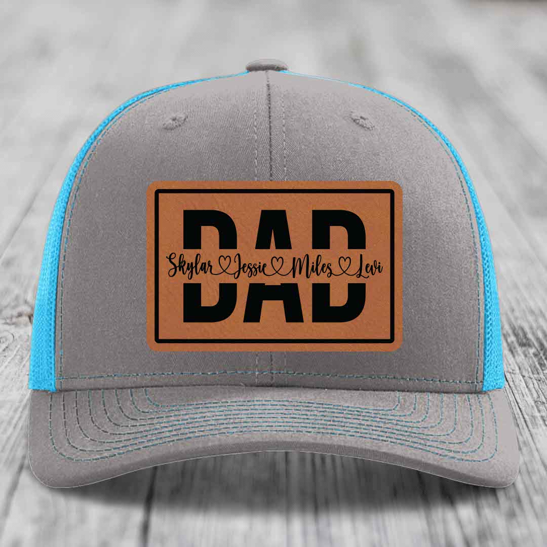 Dad Monogram (With Kids Names) - Leather Patch Hat - Rawhide to Black Patch - Richardson 112 Snapback Trucker Hat