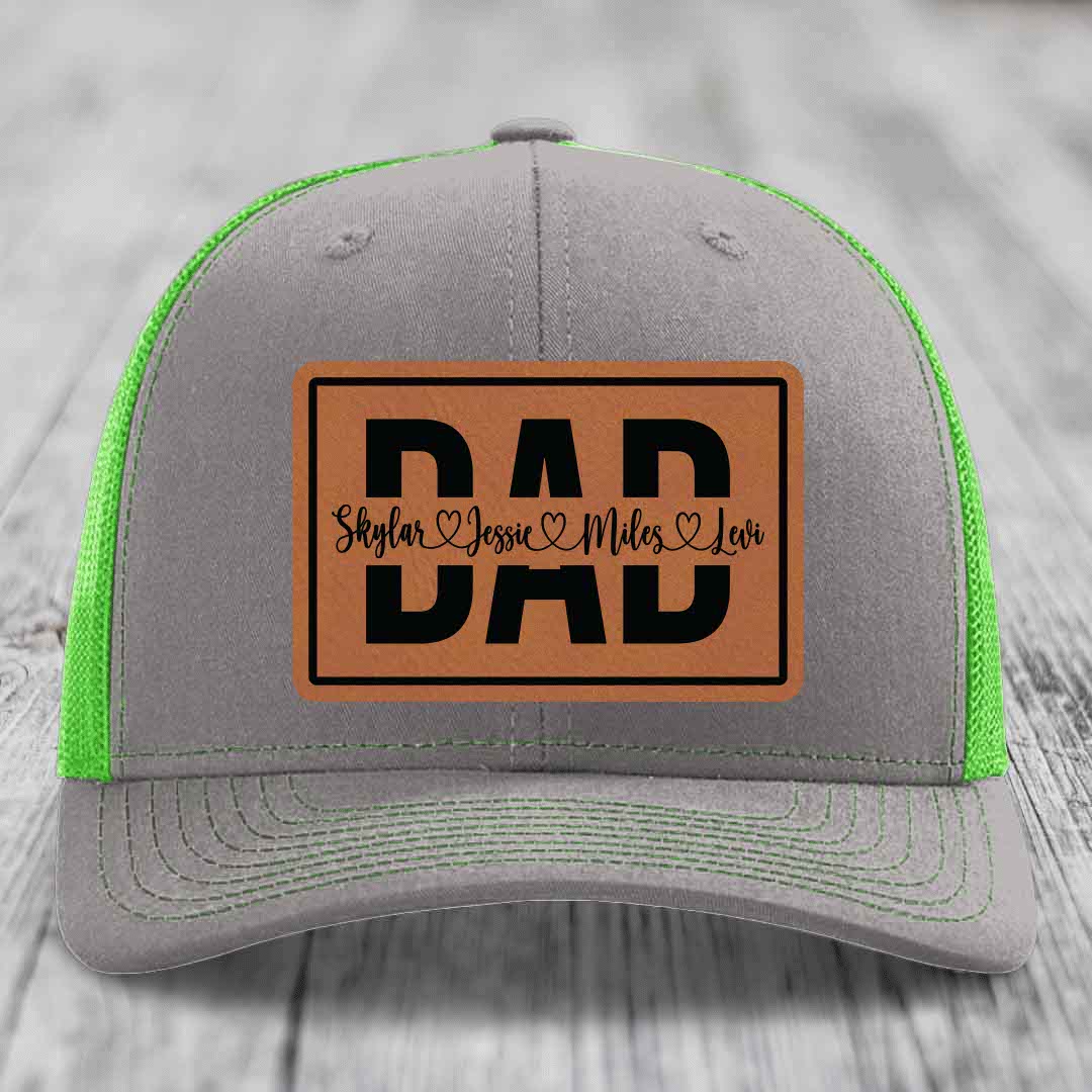 Dad Monogram (With Kids Names) - Leather Patch Hat - Rawhide to Black Patch - Richardson 112 Snapback Trucker Hat