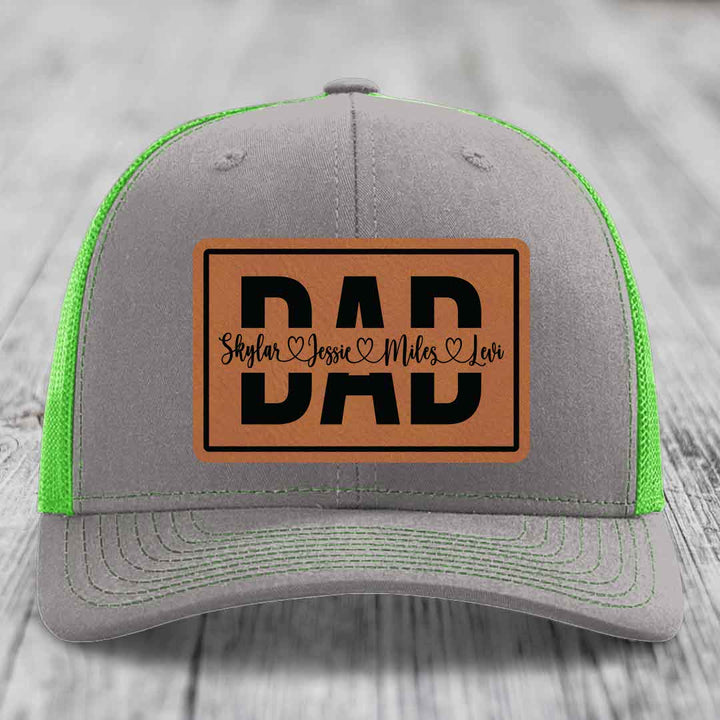 Dad Monogram (With Kids Names) - Leather Patch Hat - Rawhide to Black Patch - Richardson 112 Snapback Trucker Hat