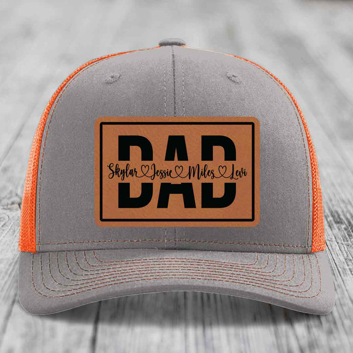 Dad Monogram (With Kids Names) - Leather Patch Hat - Rawhide to Black Patch - Richardson 112 Snapback Trucker Hat