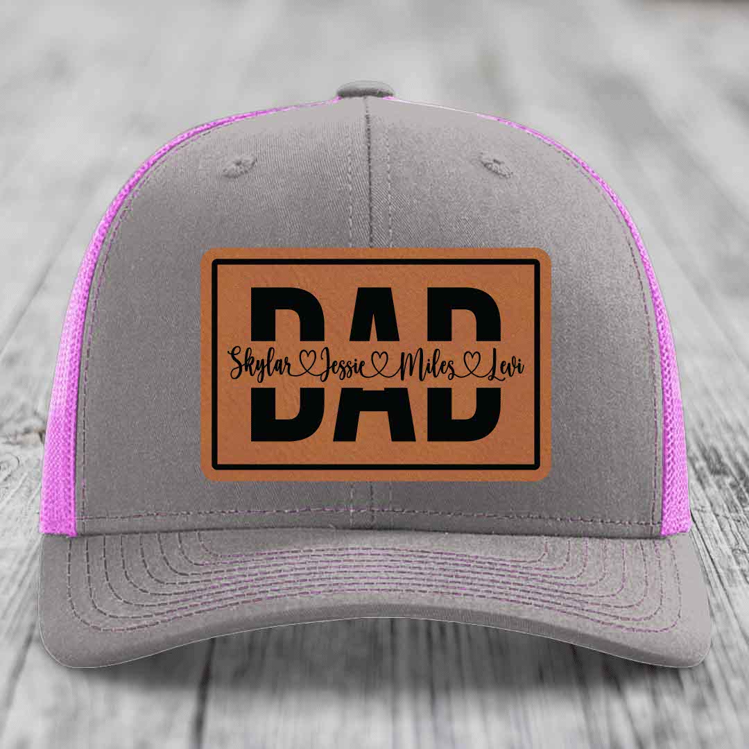 Dad Monogram (With Kids Names) - Leather Patch Hat - Rawhide to Black Patch - Richardson 112 Snapback Trucker Hat