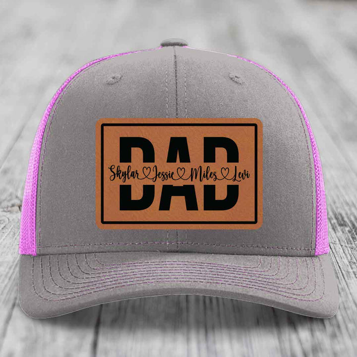 Dad Monogram (With Kids Names) - Leather Patch Hat - Rawhide to Black Patch - Richardson 112 Snapback Trucker Hat