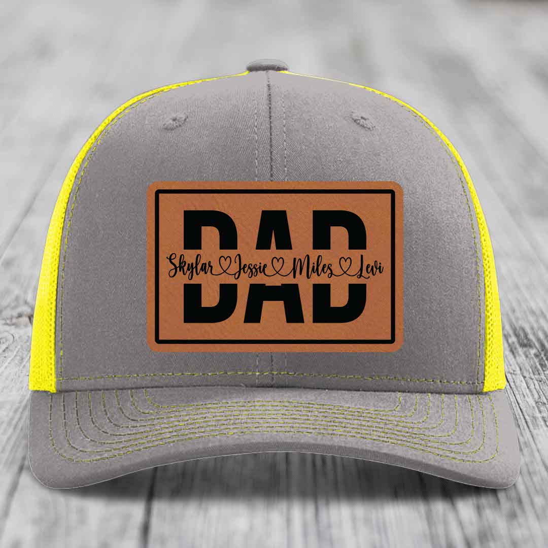 Dad Monogram (With Kids Names) - Leather Patch Hat - Rawhide to Black Patch - Richardson 112 Snapback Trucker Hat
