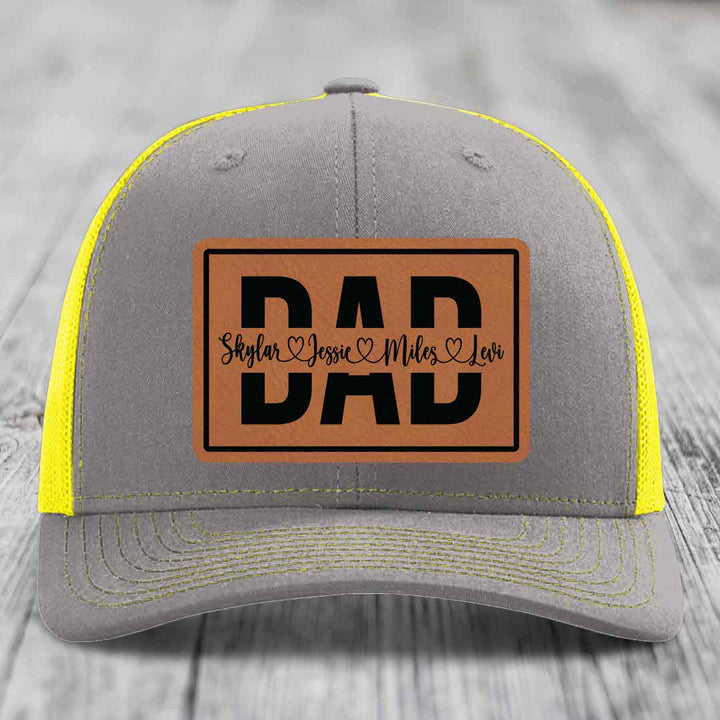 Dad Monogram (With Kids Names) - Leather Patch Hat - Rawhide to Black Patch - Richardson 112 Snapback Trucker Hat