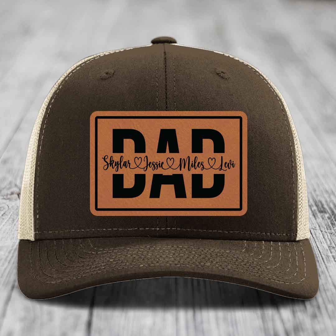 Dad Monogram (With Kids Names) - Leather Patch Hat - Rawhide to Black Patch - Richardson 112 Snapback Trucker Hat