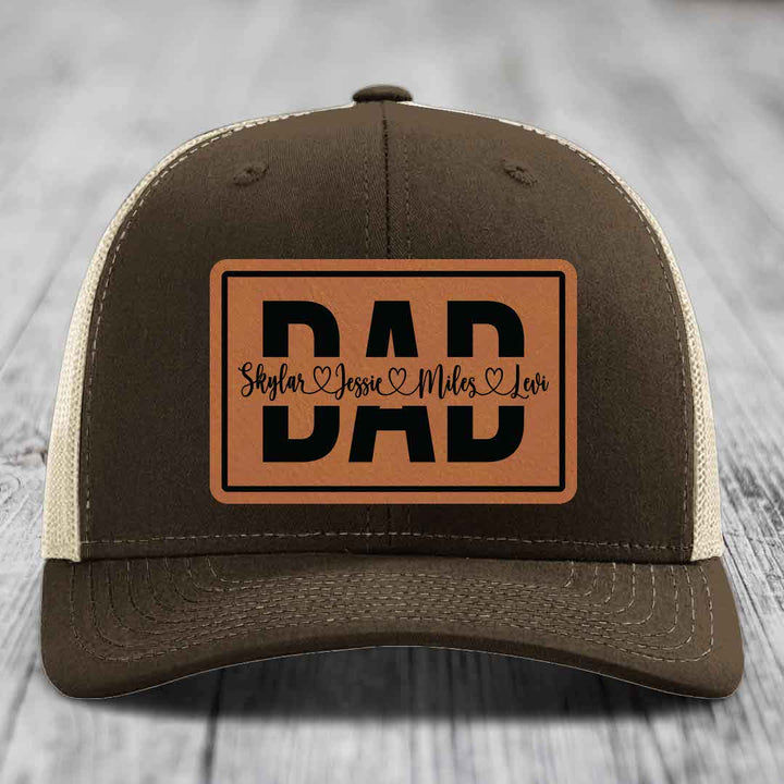 Dad Monogram (With Kids Names) - Leather Patch Hat - Rawhide to Black Patch - Richardson 112 Snapback Trucker Hat
