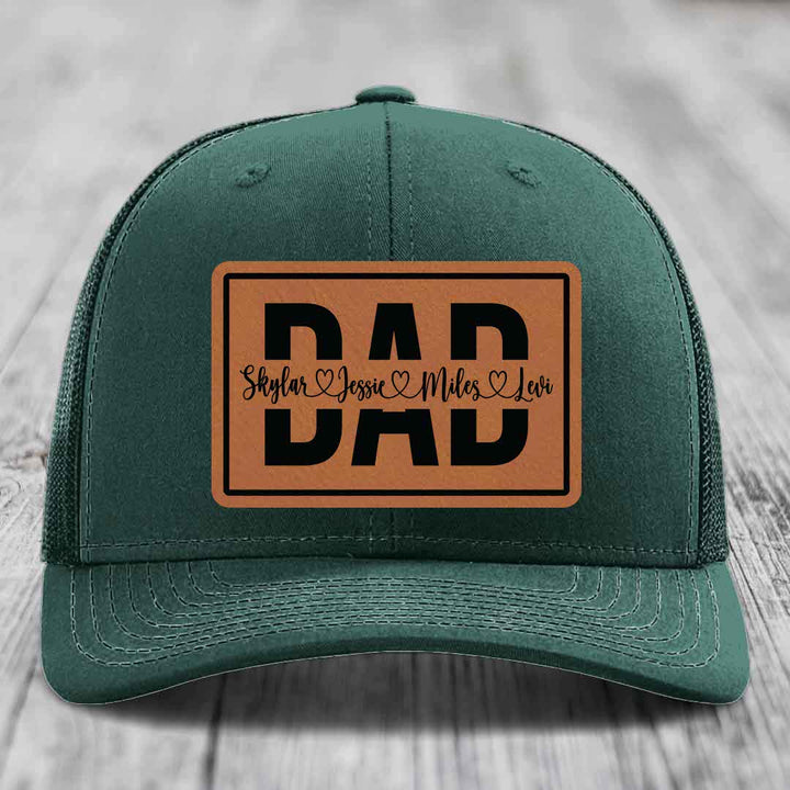 Dad Monogram (With Kids Names) - Leather Patch Hat - Rawhide to Black Patch - Richardson 112 Snapback Trucker Hat