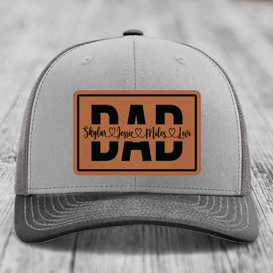 Dad Monogram (With Kids Names) - Leather Patch Hat - Rawhide to Black Patch - Richardson 112 Snapback Trucker Hat