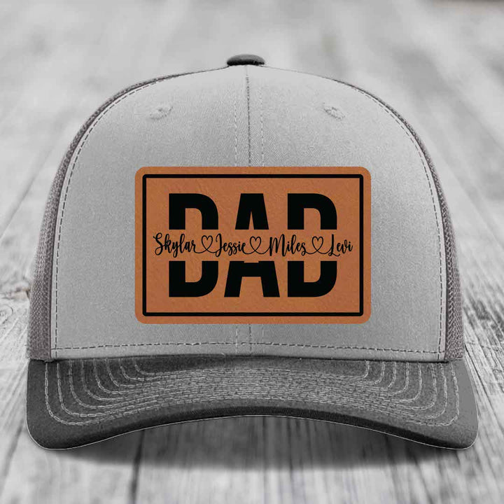 Dad Monogram (With Kids Names) - Leather Patch Hat - Rawhide to Black Patch - Richardson 112 Snapback Trucker Hat