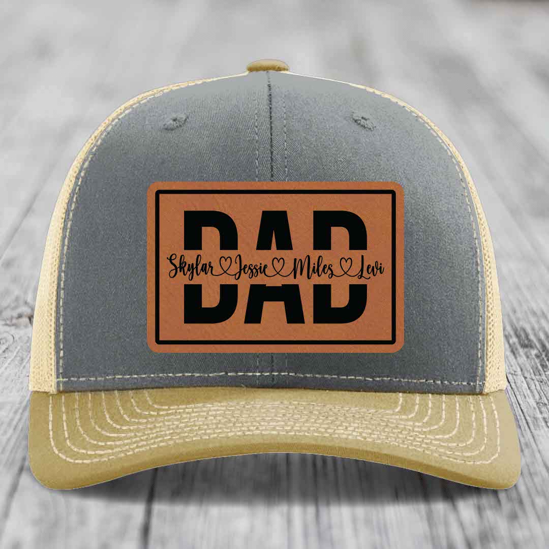 Dad Monogram (With Kids Names) - Leather Patch Hat - Rawhide to Black Patch - Richardson 112 Snapback Trucker Hat