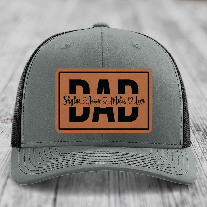 Dad Monogram (With Kids Names) - Leather Patch Hat - Rawhide to Black Patch - Richardson 112 Snapback Trucker Hat