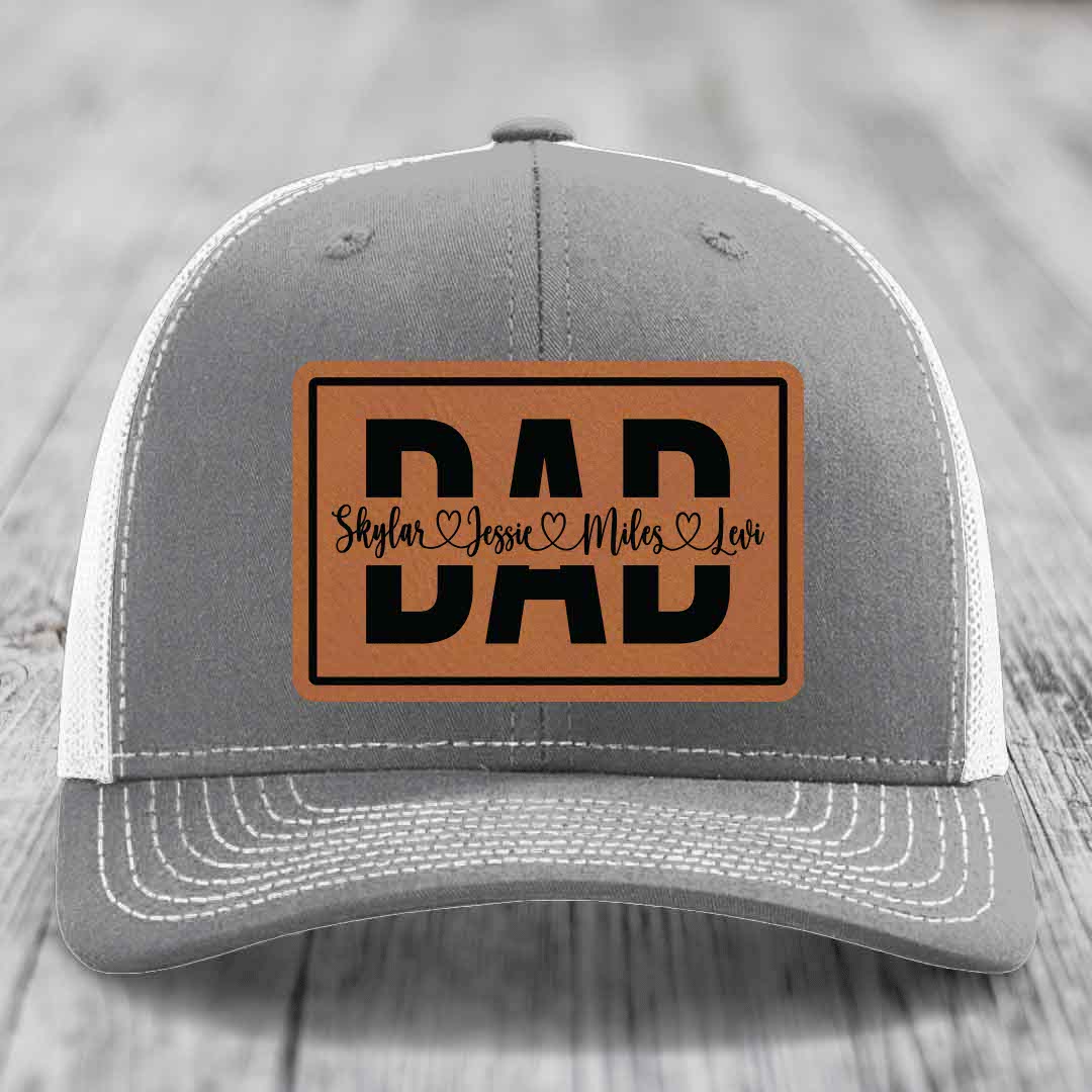 Dad Monogram (With Kids Names) - Leather Patch Hat - Rawhide to Black Patch - Richardson 112 Snapback Trucker Hat