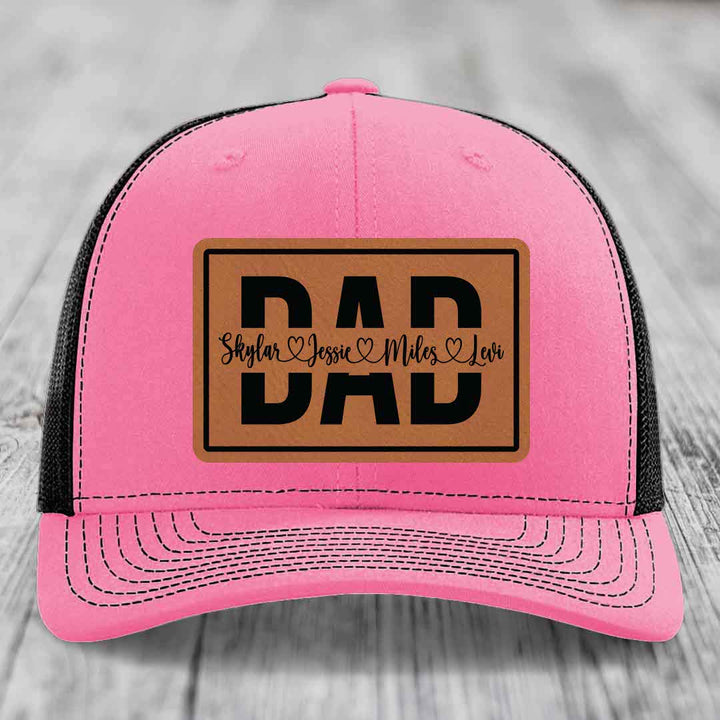 Dad Monogram (With Kids Names) - Leather Patch Hat - Rawhide to Black Patch - Richardson 112 Snapback Trucker Hat