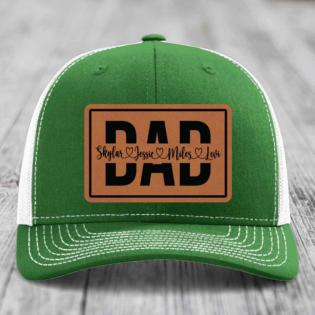 Dad Monogram (With Kids Names) - Leather Patch Hat - Rawhide to Black Patch - Richardson 112 Snapback Trucker Hat
