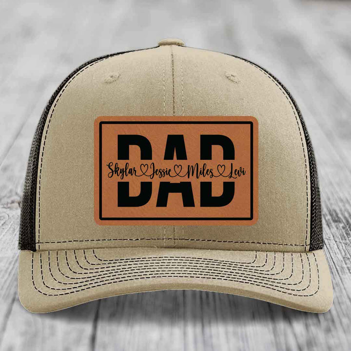 Dad Monogram (With Kids Names) - Leather Patch Hat - Rawhide to Black Patch - Richardson 112 Snapback Trucker Hat