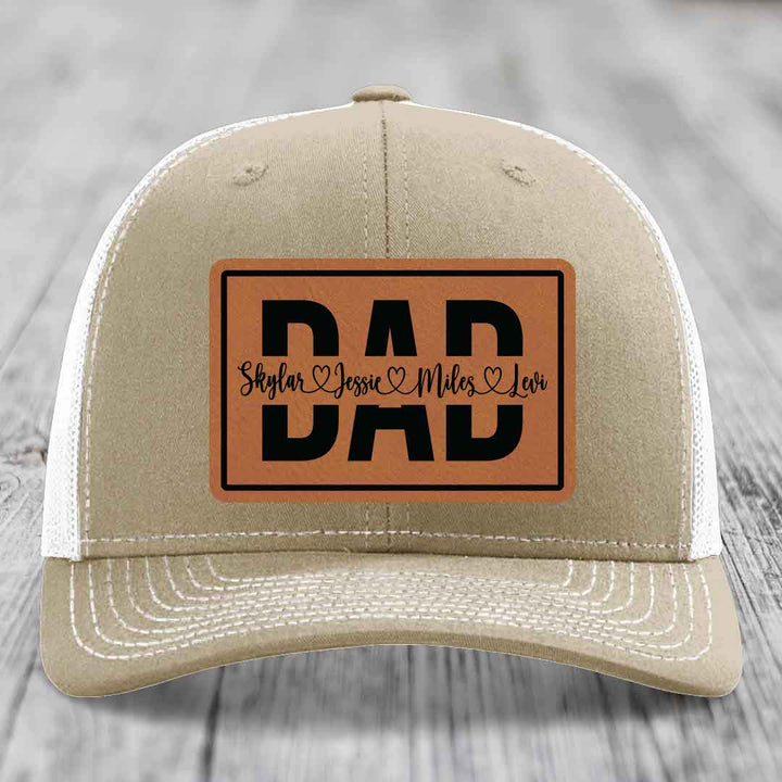 Dad Monogram (With Kids Names) - Leather Patch Hat - Rawhide to Black Patch - Richardson 112 Snapback Trucker Hat