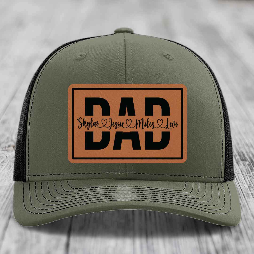 Dad Monogram (With Kids Names) - Leather Patch Hat - Rawhide to Black Patch - Richardson 112 Snapback Trucker Hat