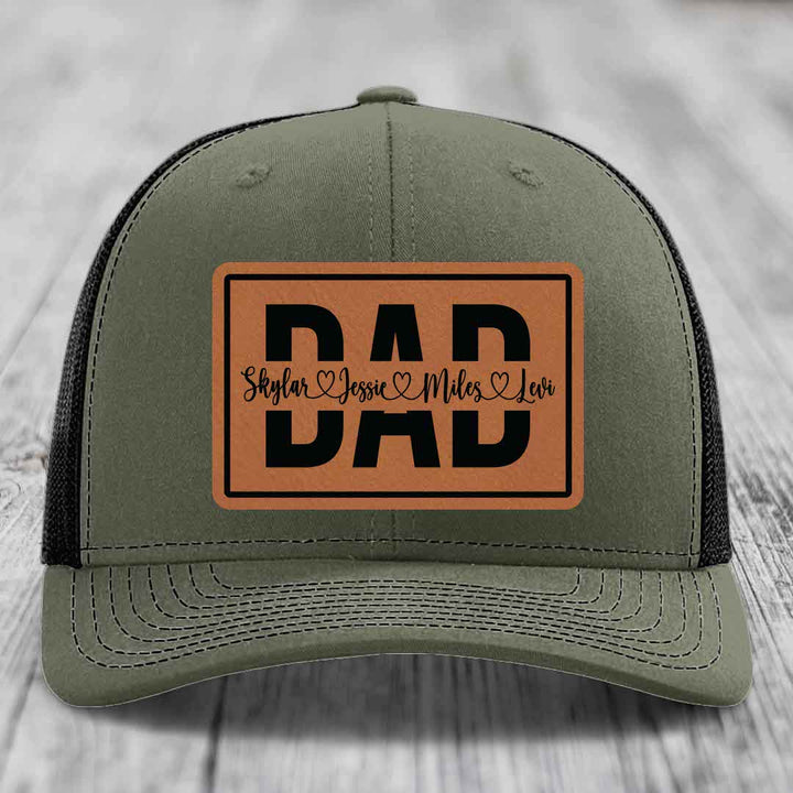 Dad Monogram (With Kids Names) - Leather Patch Hat - Rawhide to Black Patch - Richardson 112 Snapback Trucker Hat