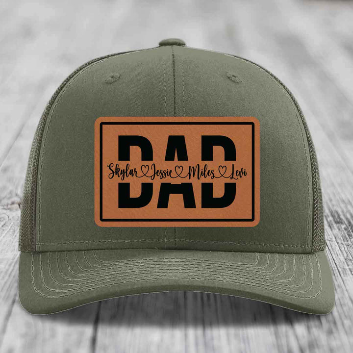Dad Monogram (With Kids Names) - Leather Patch Hat - Rawhide to Black Patch - Richardson 112 Snapback Trucker Hat