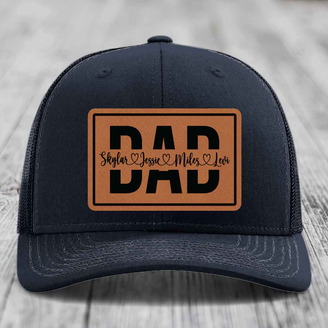 Dad Monogram (With Kids Names) - Leather Patch Hat - Rawhide to Black Patch - Richardson 112 Snapback Trucker Hat