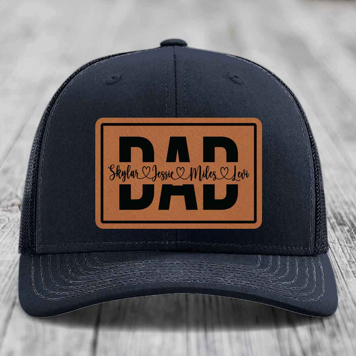 Dad Monogram (With Kids Names) - Leather Patch Hat - Rawhide to Black Patch - Richardson 112 Snapback Trucker Hat