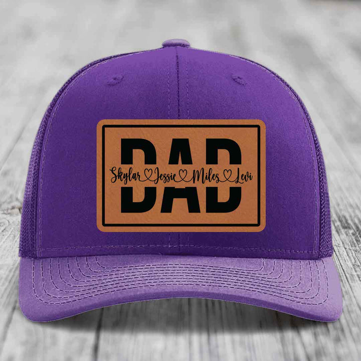 Dad Monogram (With Kids Names) - Leather Patch Hat - Rawhide to Black Patch - Richardson 112 Snapback Trucker Hat