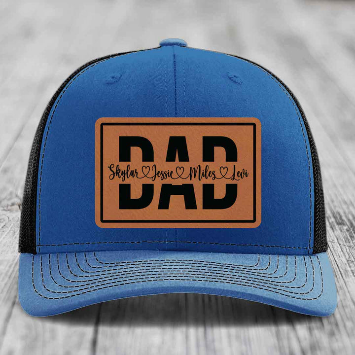 Dad Monogram (With Kids Names) - Leather Patch Hat - Rawhide to Black Patch - Richardson 112 Snapback Trucker Hat