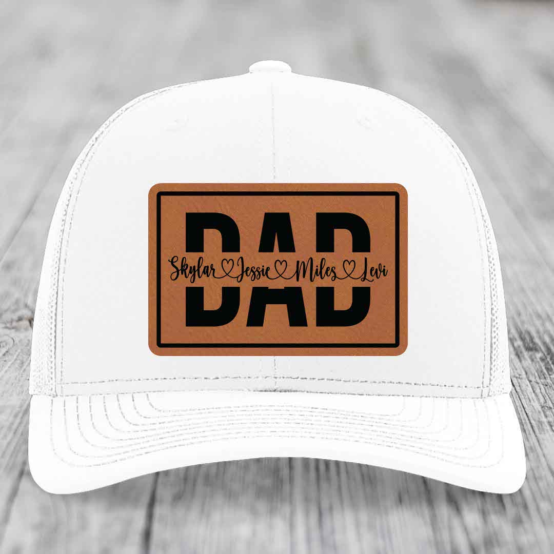 Dad Monogram (With Kids Names) - Leather Patch Hat - Rawhide to Black Patch - Richardson 112 Snapback Trucker Hat