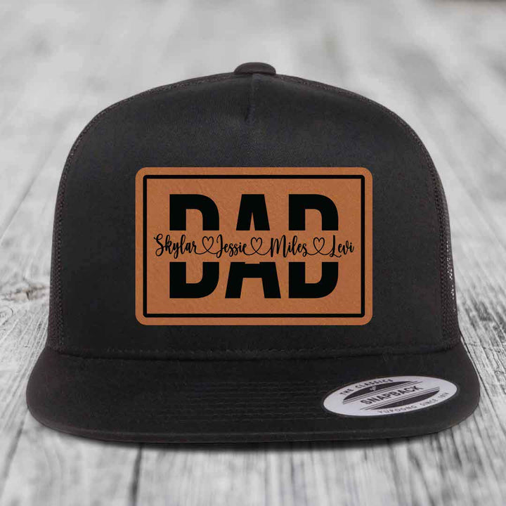 Dad Monogram (With Kids Names) - Leather Patch Hat - Rawhide to Black Patch - Yupoong 6006 Snapback Flatbill Hat