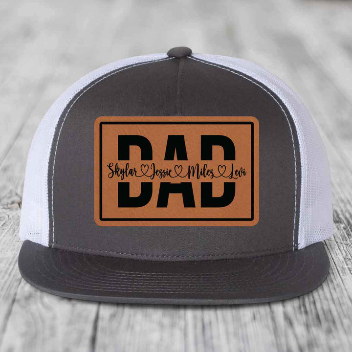Dad Monogram (With Kids Names) - Leather Patch Hat - Rawhide to Black Patch - Yupoong 6006 Snapback Flatbill Hat