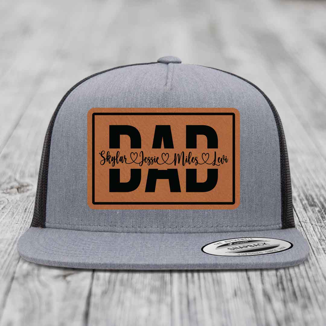 Dad Monogram (With Kids Names) - Leather Patch Hat - Rawhide to Black Patch - Yupoong 6006 Snapback Flatbill Hat