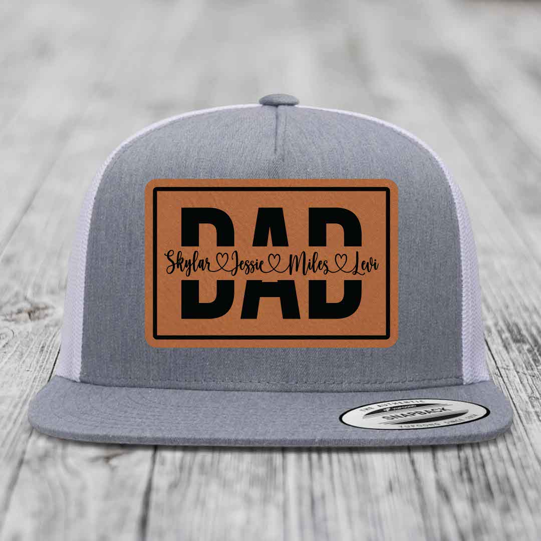 Dad Monogram (With Kids Names) - Leather Patch Hat - Rawhide to Black Patch - Yupoong 6006 Snapback Flatbill Hat