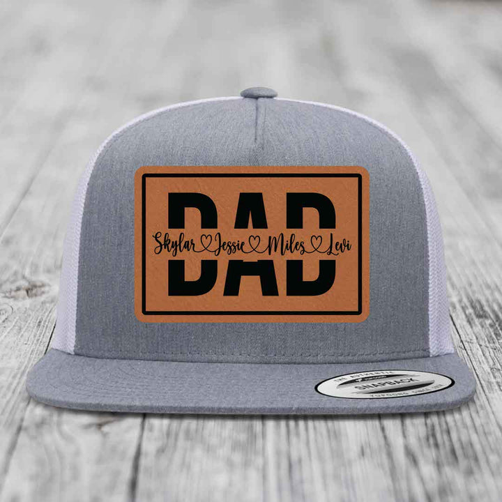 Dad Monogram (With Kids Names) - Leather Patch Hat - Rawhide to Black Patch - Yupoong 6006 Snapback Flatbill Hat