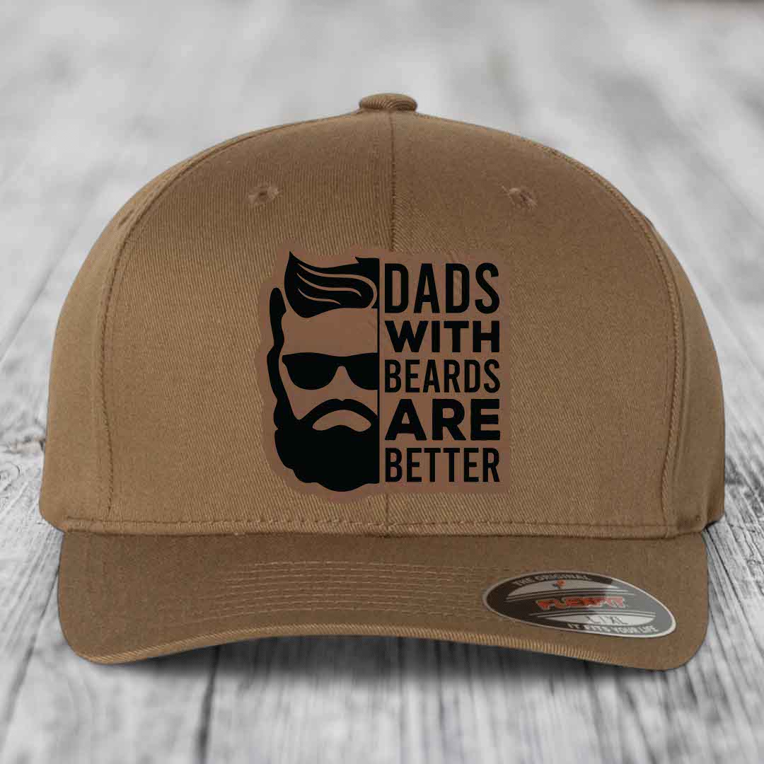 Dads With Beards Are Better - Leather Patch Hat - Dark Brown to Black Patch - Flexfit 6277 Fitted Hat