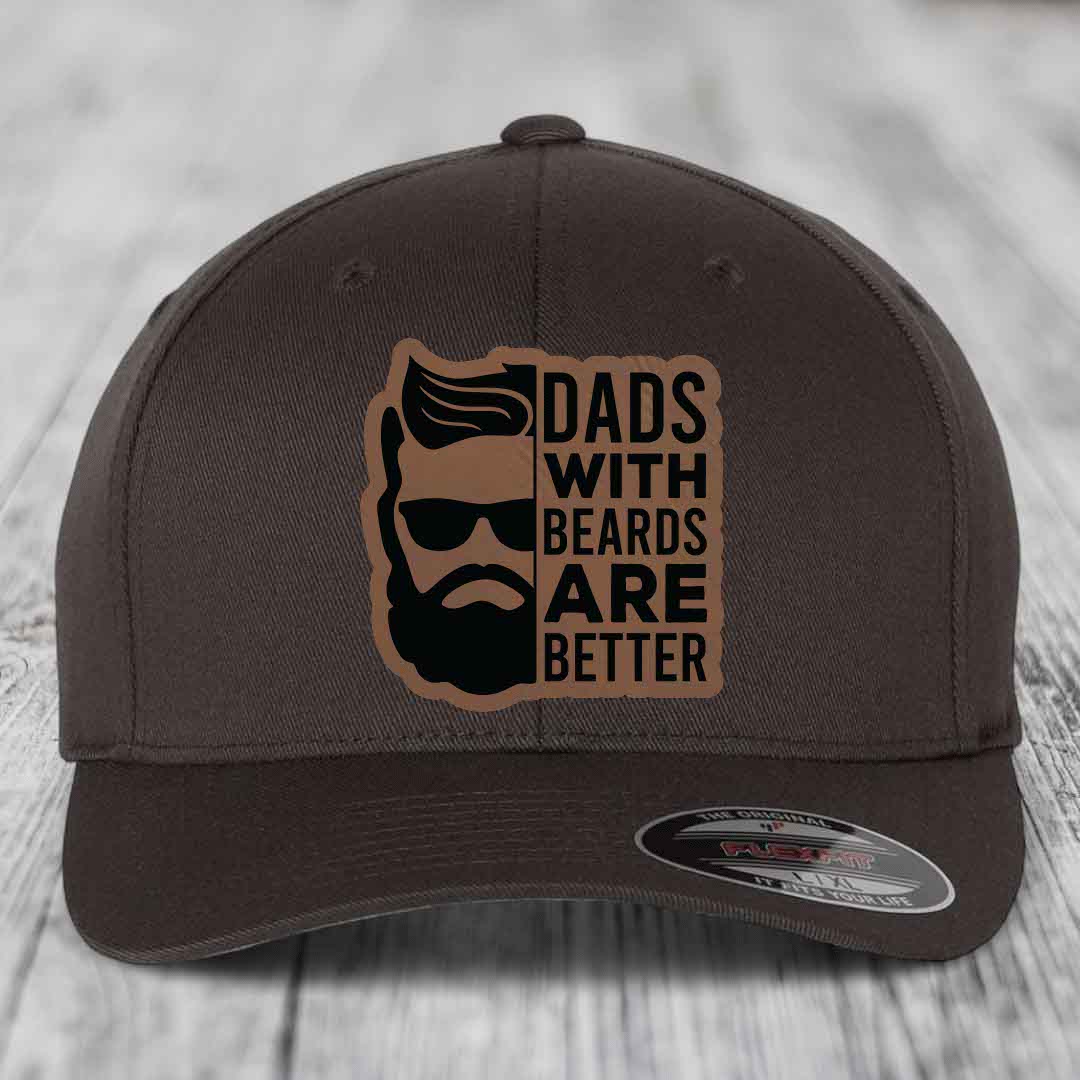 Dads With Beards Are Better - Leather Patch Hat - Dark Brown to Black Patch - Flexfit 6277 Fitted Hat