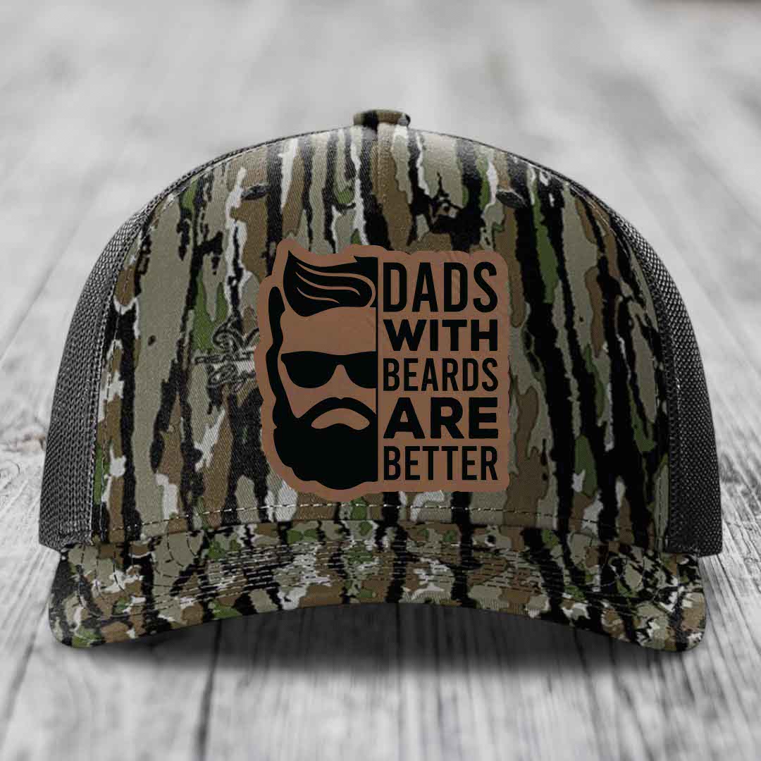 Dads With Beards Are Better - Leather Patch Hat - Dark Brown to Black Patch - Richardson 112PFP Snapback Trucker Hat