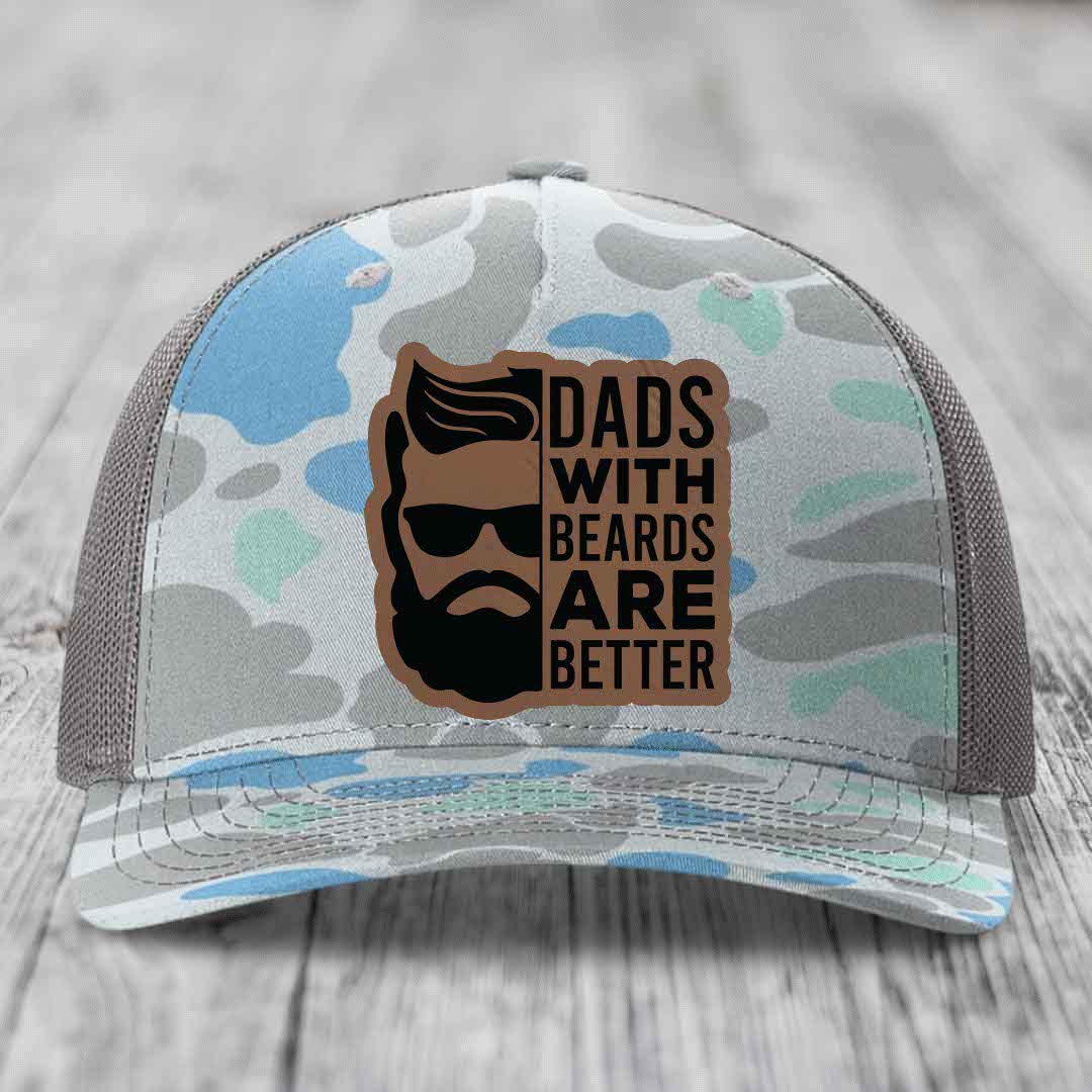 Dads With Beards Are Better - Leather Patch Hat - Dark Brown to Black Patch - Richardson 112PFP Snapback Trucker Hat