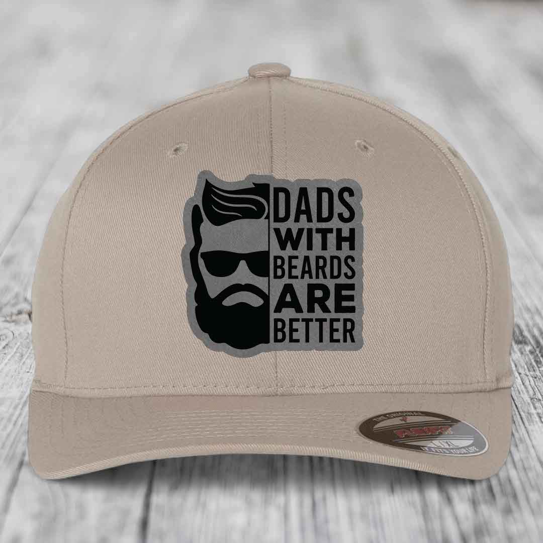 Dads With Beards Are Better - Leather Patch Hat - Grey to Black Patch - Flexfit 6277 Fitted Hat