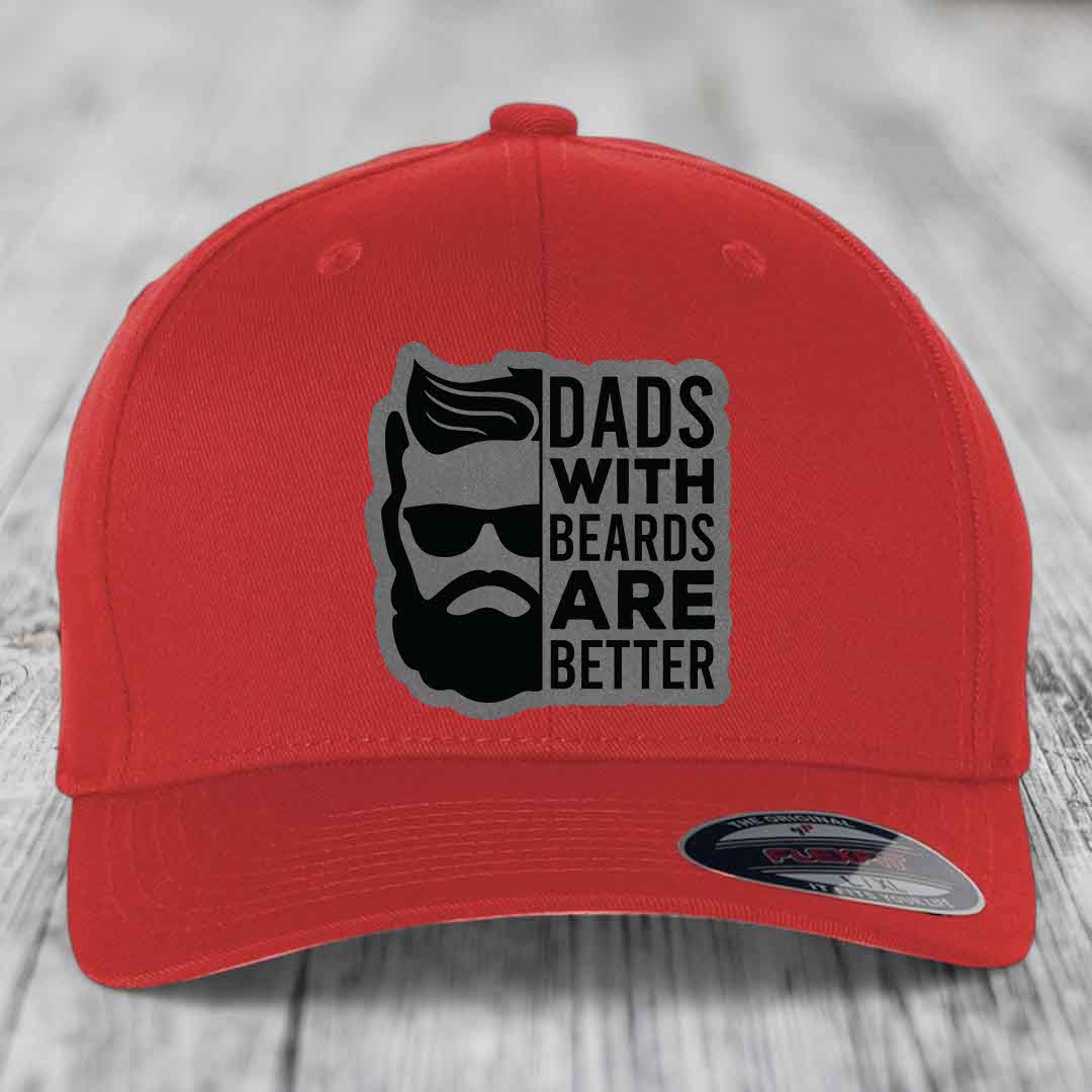 Dads With Beards Are Better - Leather Patch Hat - Grey to Black Patch - Flexfit 6277 Fitted Hat