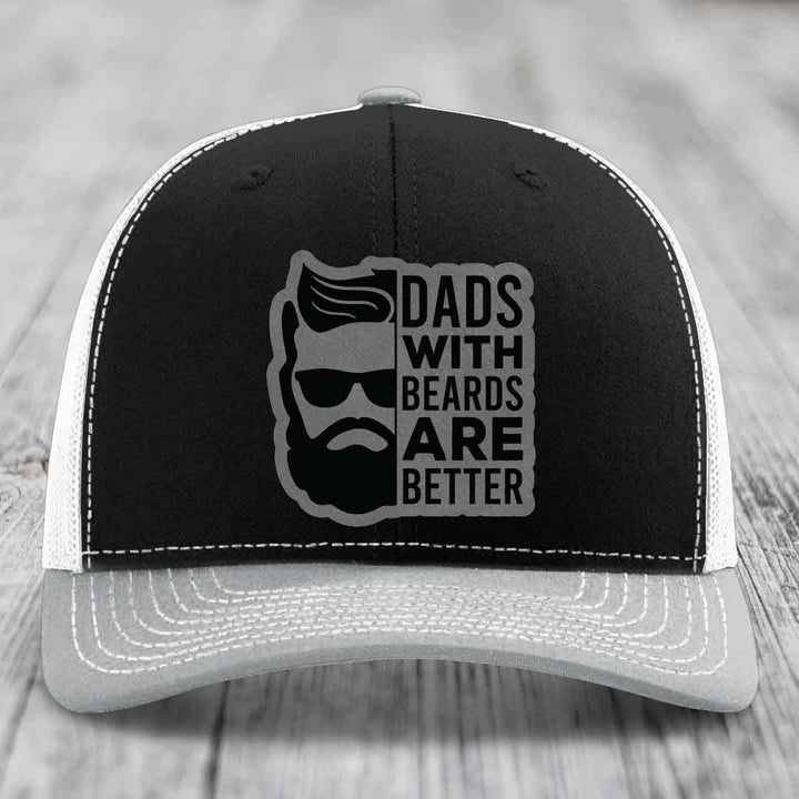 Dads With Beards Are Better - Leather Patch Hat - Grey to Black Patch - Richardson 112 Snapback Trucker Hat