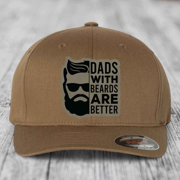 Dads With Beards Are Better - Leather Patch Hat - Light Brown to Black Patch - Flexfit 6277 Fitted Hat