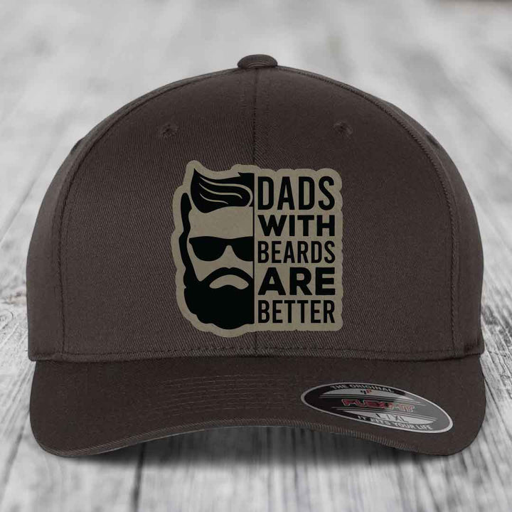 Dads With Beards Are Better - Leather Patch Hat - Light Brown to Black Patch - Flexfit 6277 Fitted Hat