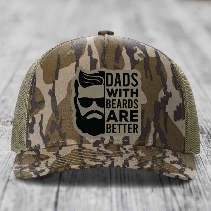 Dads With Beards Are Better - Leather Patch Hat - Light Brown to Black Patch - Richardson 112PFP Snapback Trucker Hat