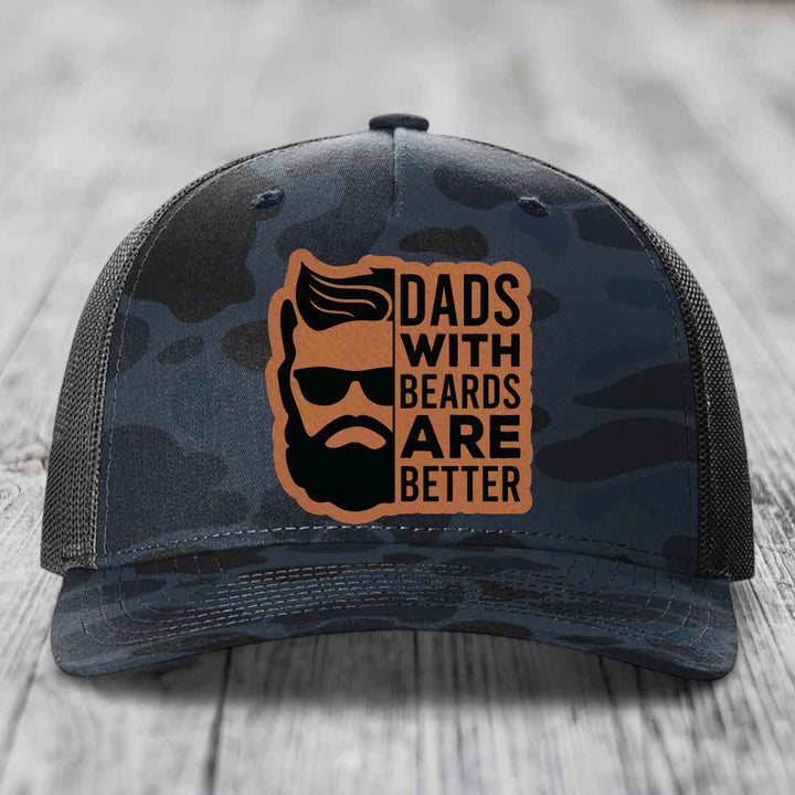 Dads With Beards Are Better - Leather Patch Hat - Rawhide to Black Patch - Richardson 112PFP Snapback Trucker Hat