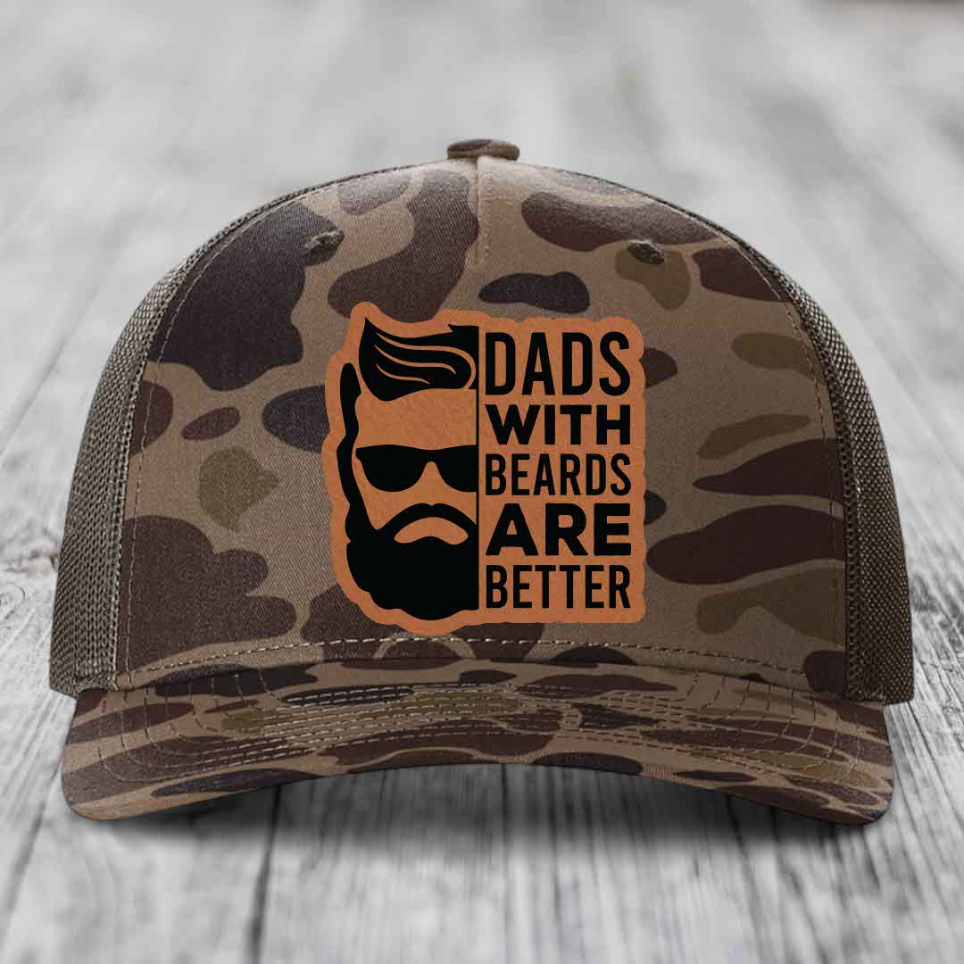 Dads With Beards Are Better - Leather Patch Hat - Rawhide to Black Patch - Richardson 112PFP Snapback Trucker Hat