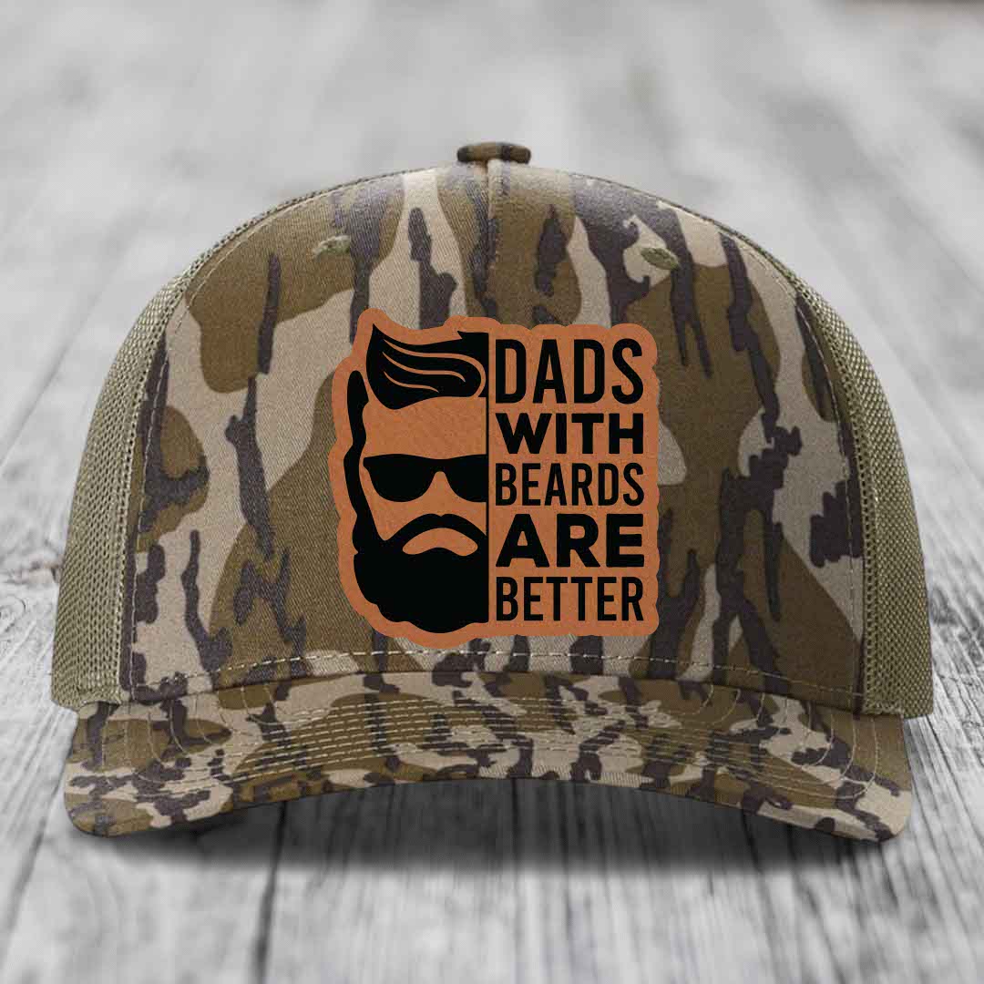 Dads With Beards Are Better - Leather Patch Hat - Rawhide to Black Patch - Richardson 112PFP Snapback Trucker Hat