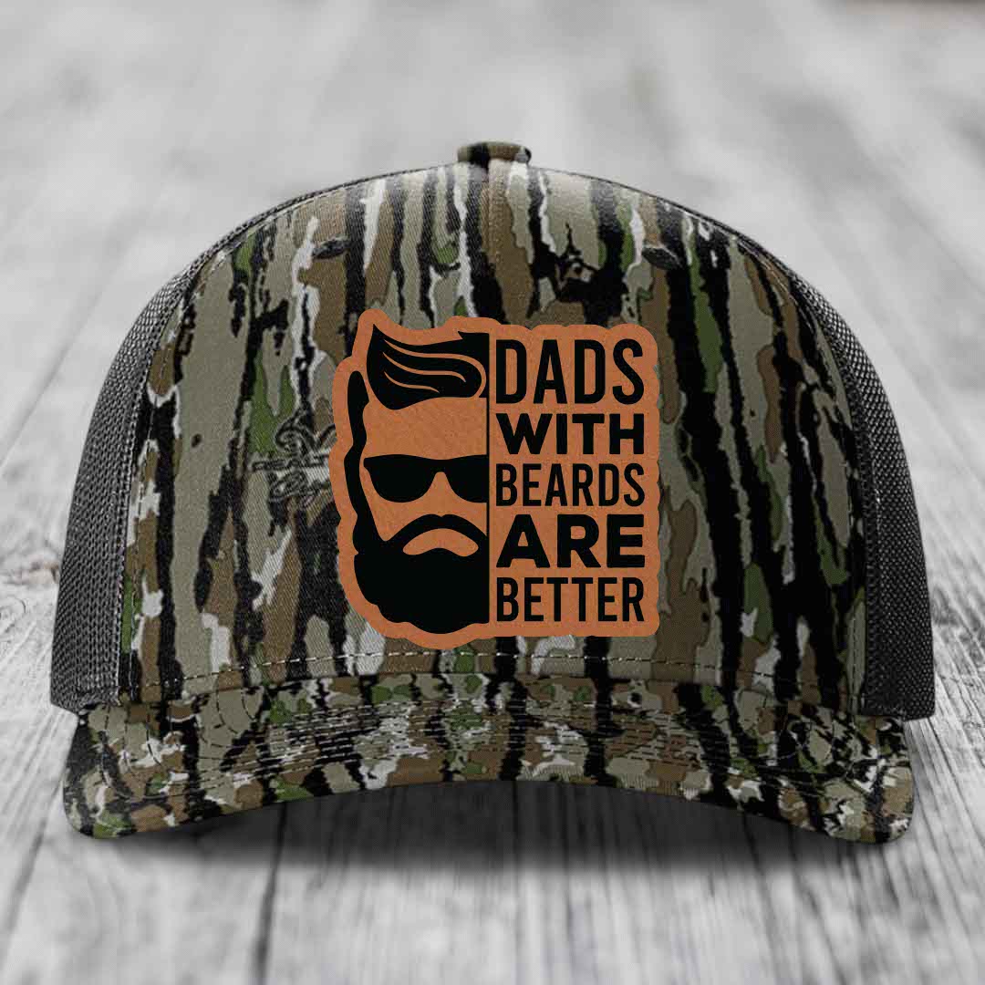 Dads With Beards Are Better - Leather Patch Hat - Rawhide to Black Patch - Richardson 112PFP Snapback Trucker Hat