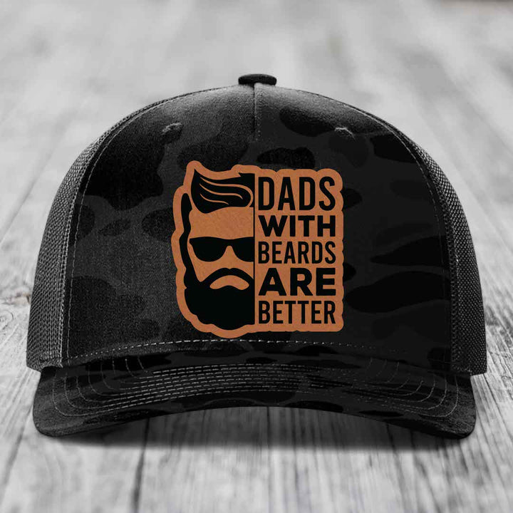Dads With Beards Are Better - Leather Patch Hat - Rawhide to Black Patch - Richardson 112PFP Snapback Trucker Hat