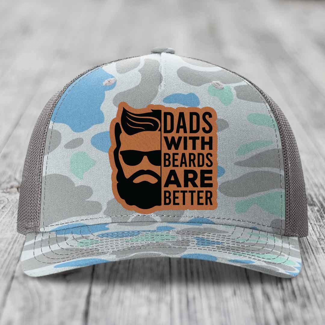 Dads With Beards Are Better - Leather Patch Hat - Rawhide to Black Patch - Richardson 112PFP Snapback Trucker Hat